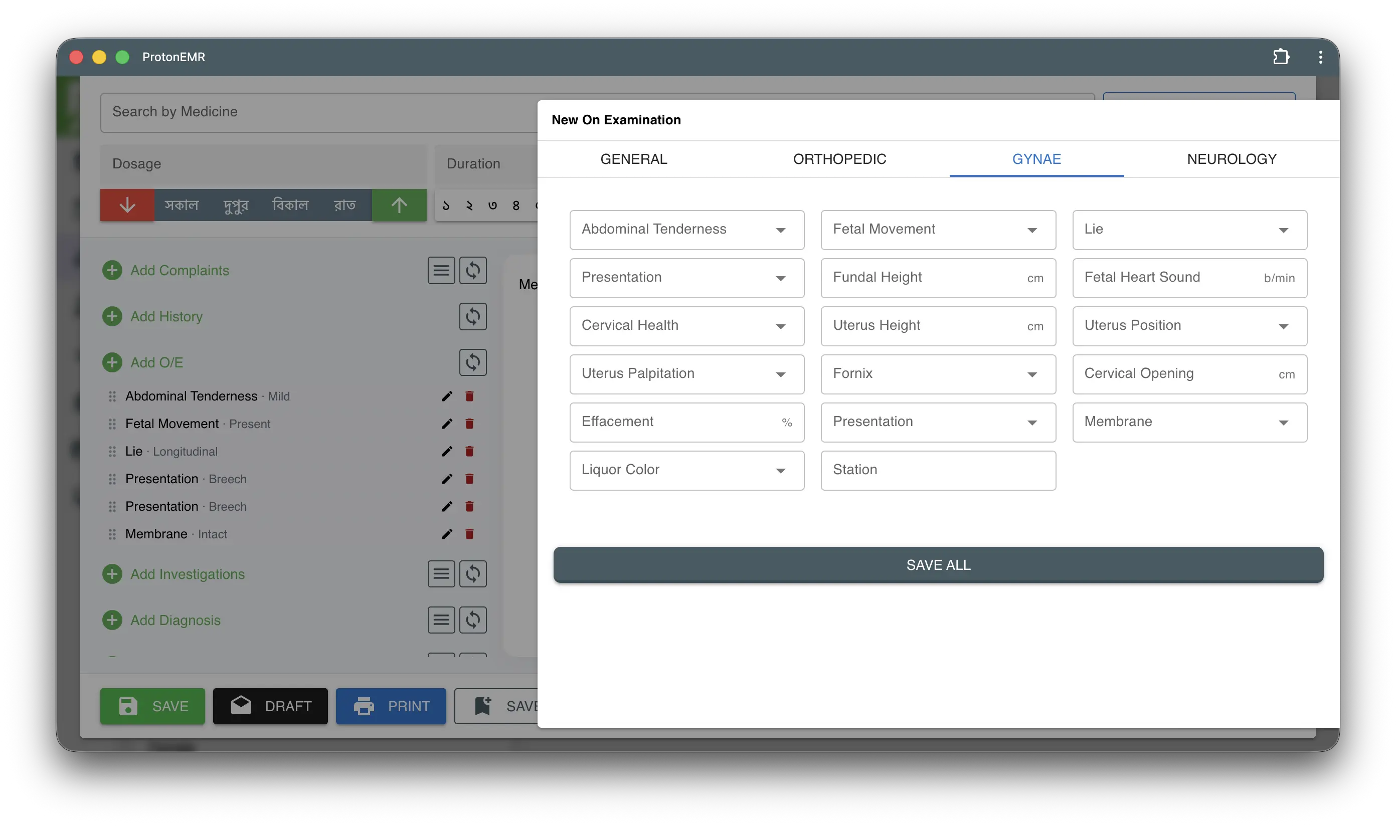 ProtonEMR Gynecology and Obstetrics Clinical History Interface