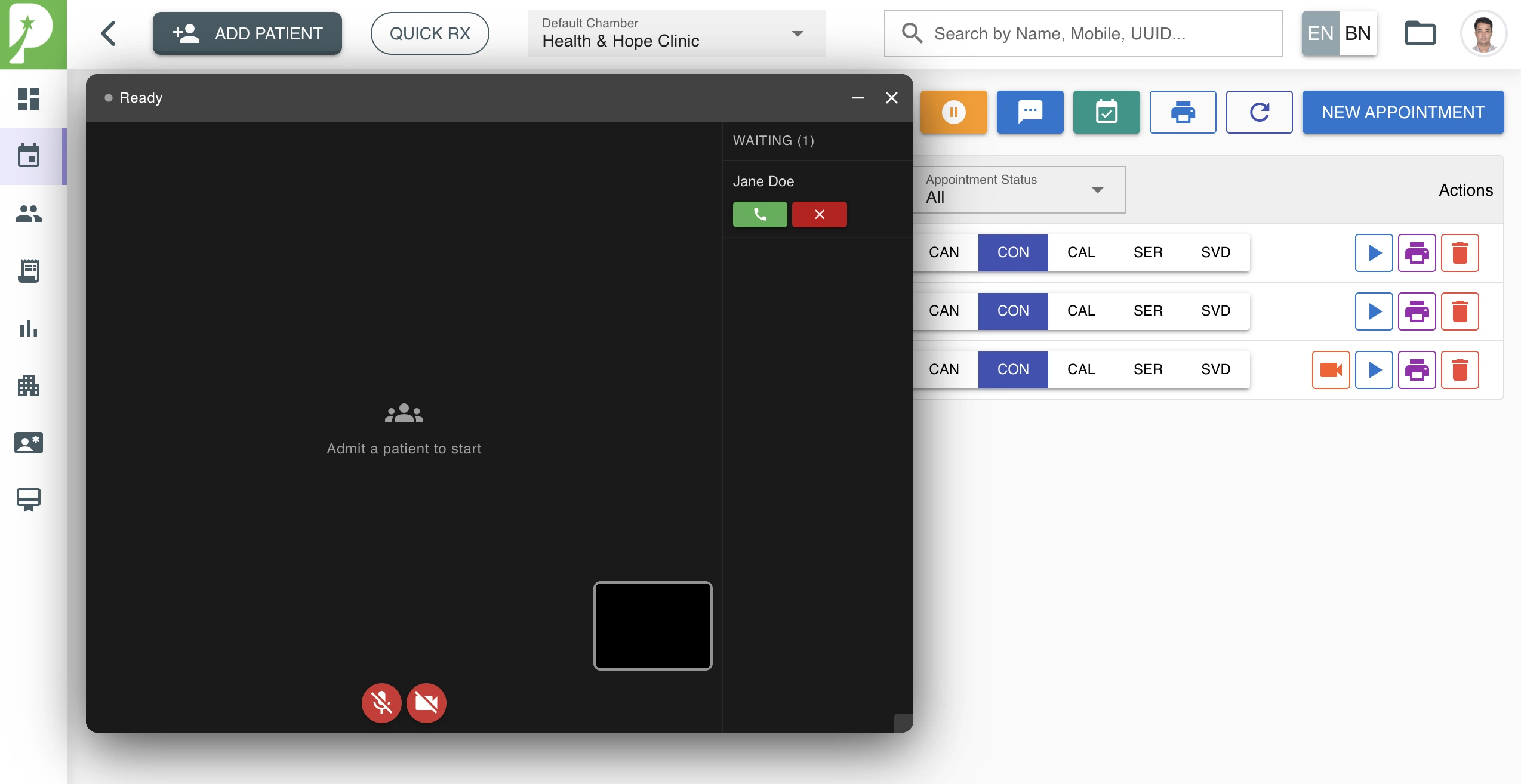 ProtonEMR telemedicine video consultation screen